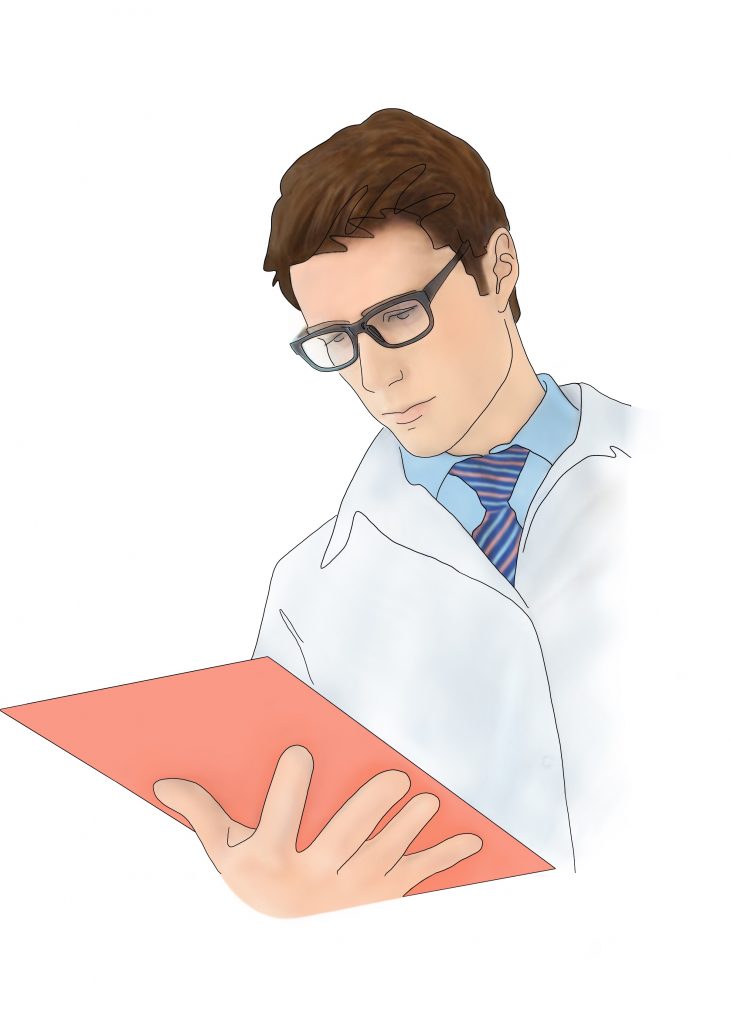 Un dibujo de un proveedor médico revisando los resultados de la prueba diagnóstica del sueño