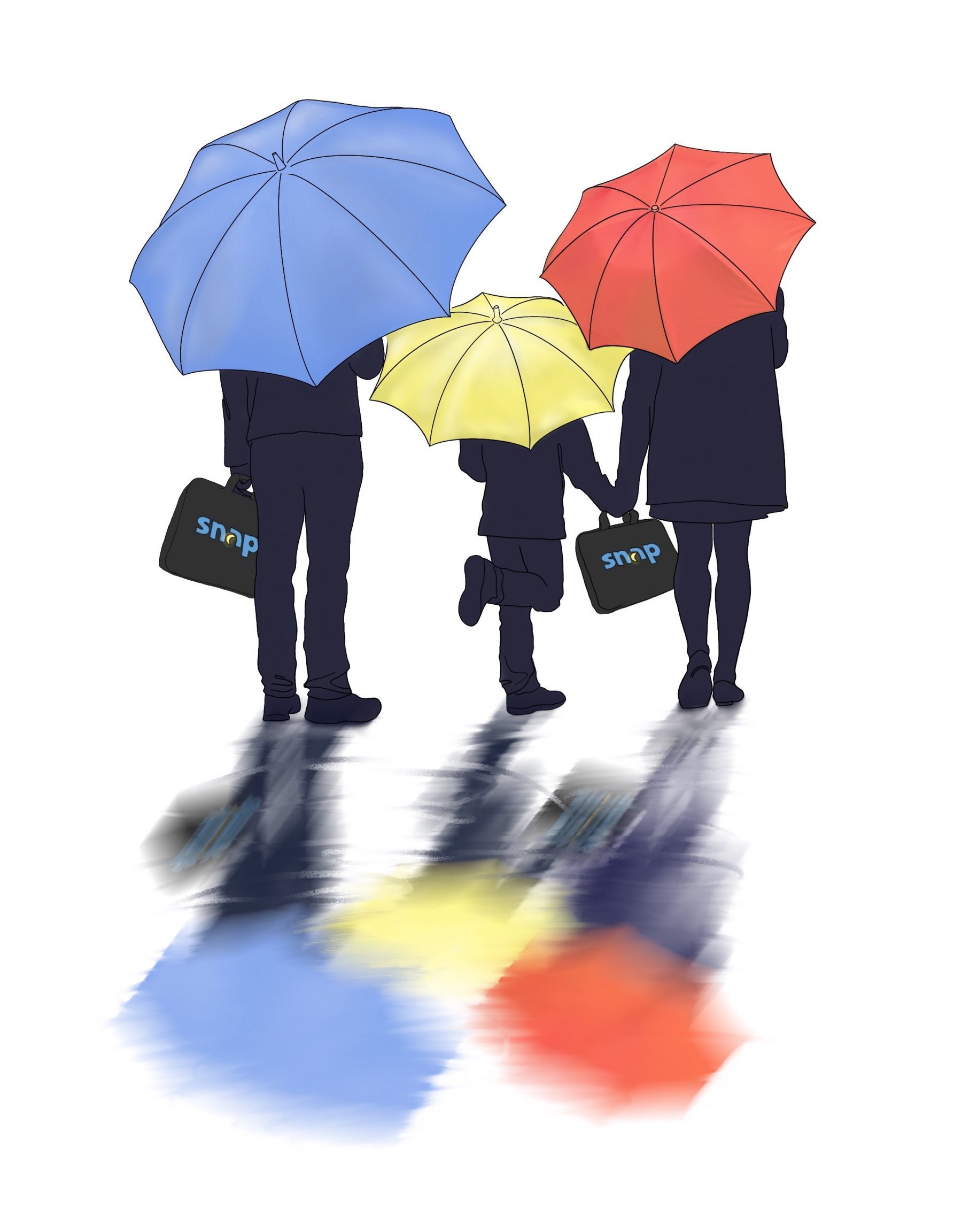 Un dibujo de tres personas sosteniendo kits de prueba de apnea del sueño en casa de Snap Diagnostics cubiertos por sombrillas coloridas que simbolizan la cobertura de seguros.