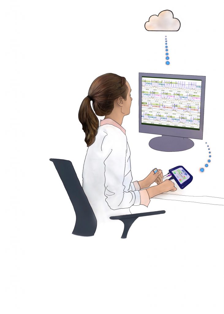 Un dibujo de un proveedor médico cargando datos del sueño desde una prueba de apnea del sueño en casa de Snap Diagnostics