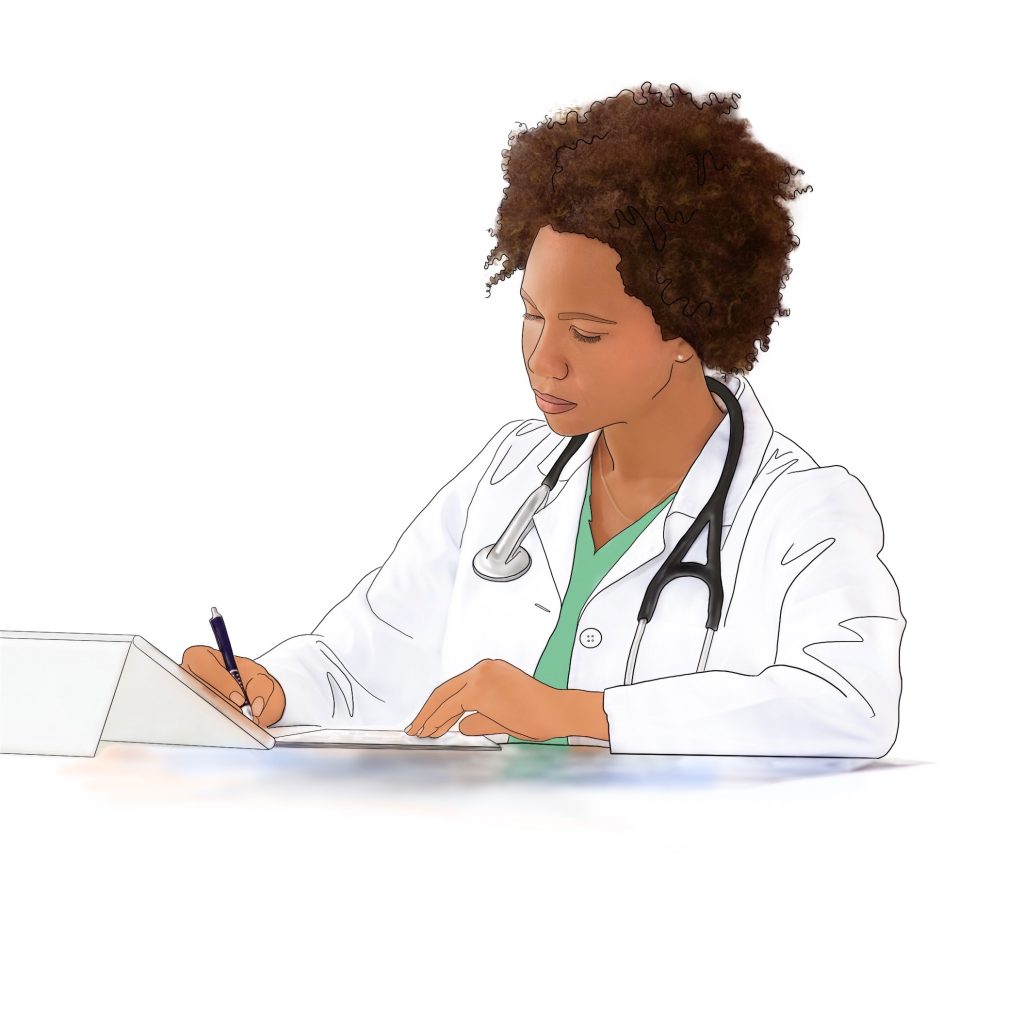 Un dibujo de un proveedor médico escribiendo una orden de tratamiento para la apnea del sueño