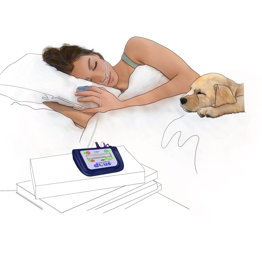 Un dibujo de una persona durmiendo en casa con una prueba portátil de apnea del sueño en casa de Snap Diagnostics