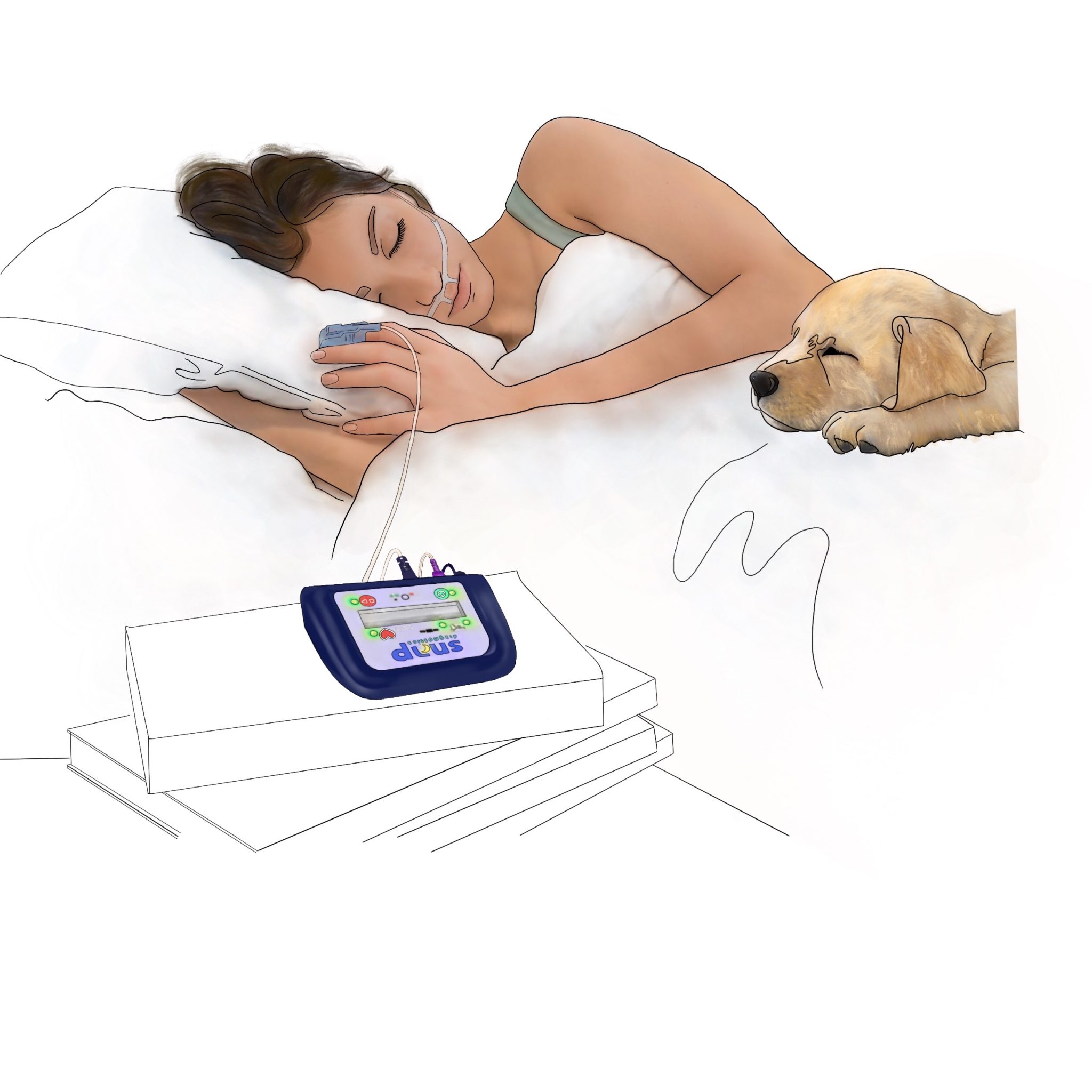 Un dibujo de una persona durmiendo en casa con una prueba portátil de apnea del sueño en casa de Snap Diagnostics