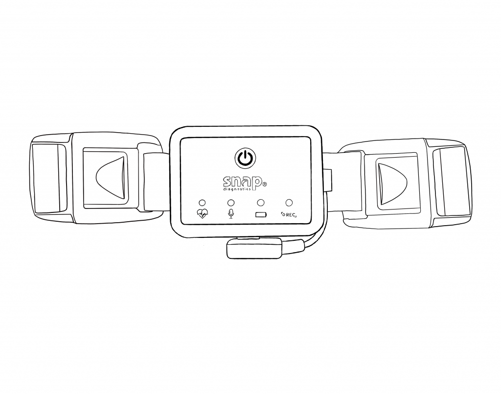 Drawing of the Snap Sleep Apnea Monitor (SAM) and chest belt