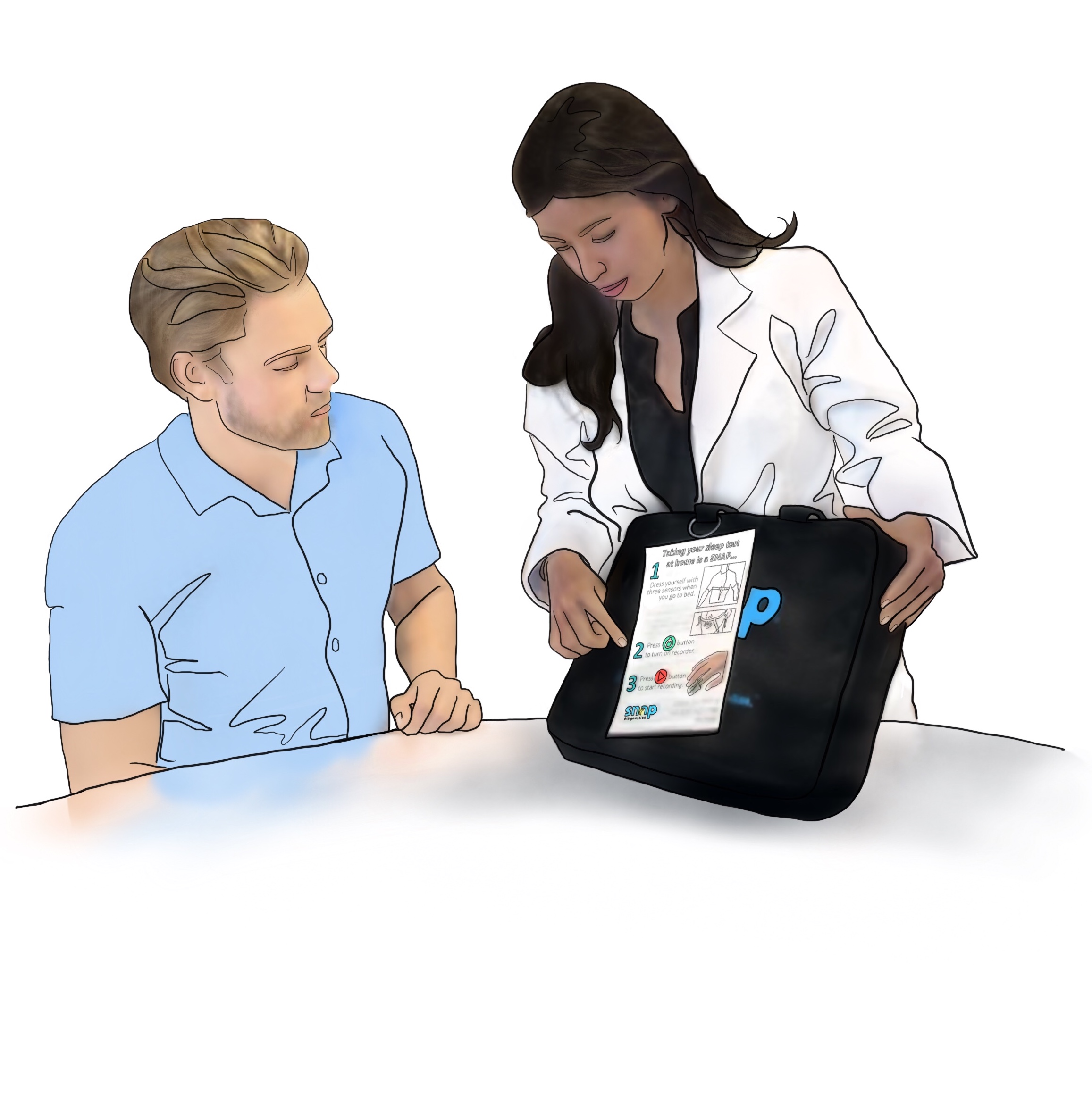 A drawing of a medical provider instructing a patient on how to use a Snap Diagnostics home sleep study to test for sleep apnea