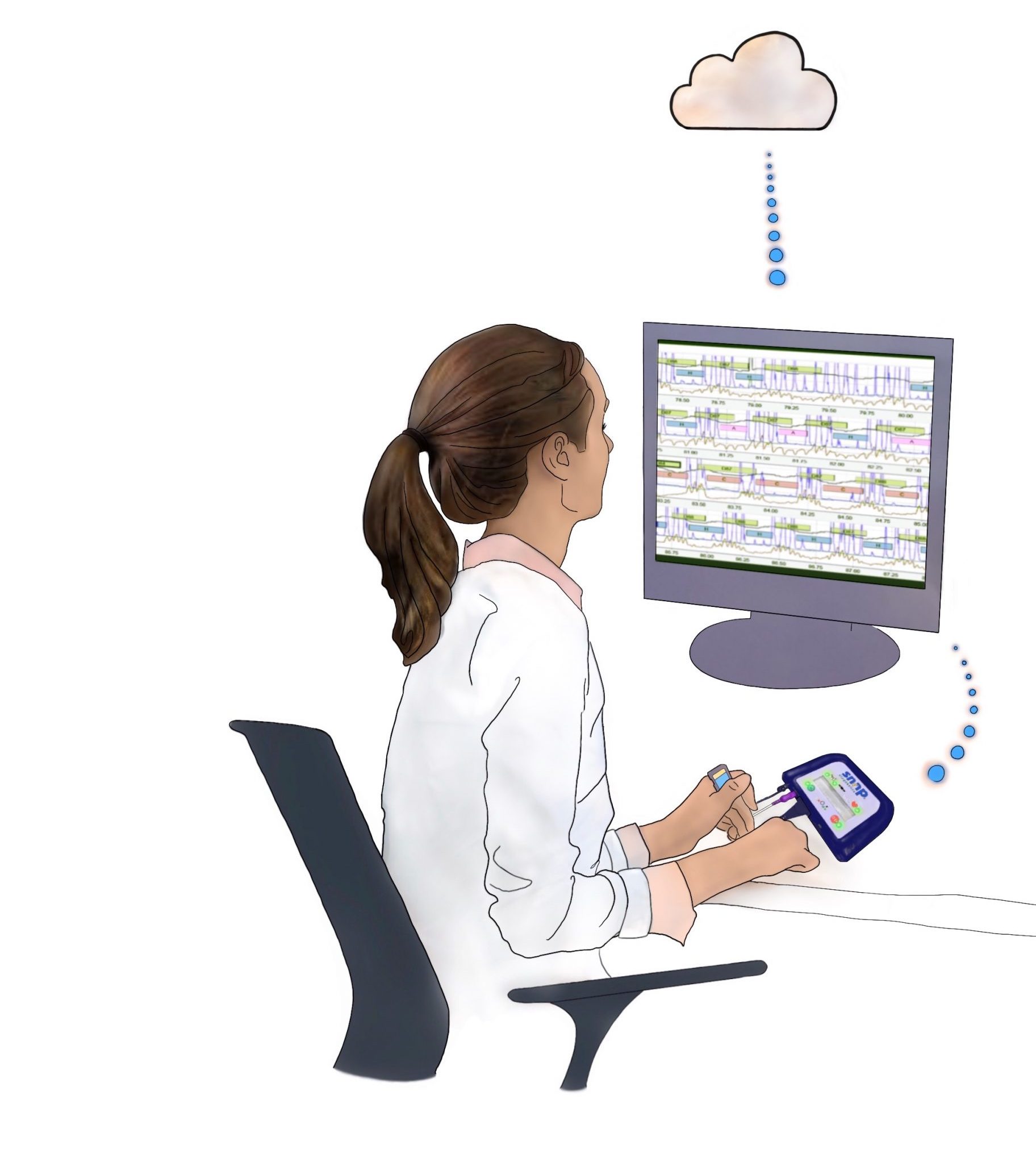 A drawing of a medical provider uploading sleep data from a Snap Diagnostics home sleep apnea test