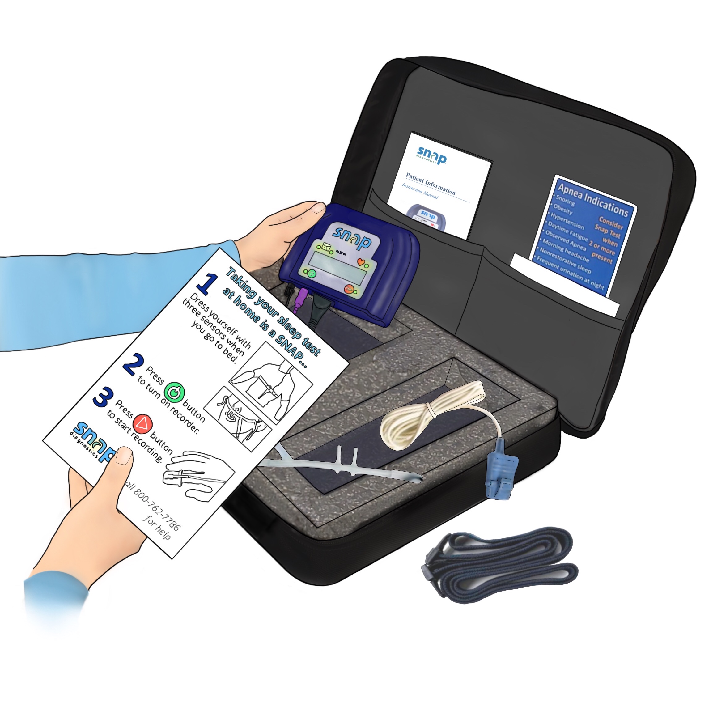 A drawing of a person holding a Snap Diagnostics home sleep apnea test with instructions